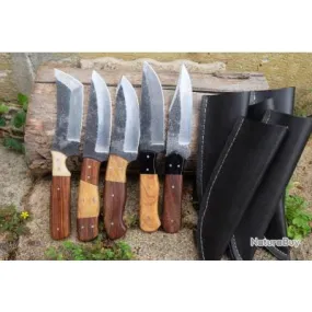 Lot de 5 Bushcraft Couteau de Chasse Survie Lame Carbone 1075 Manche Bois Etui Cuir Fabr Artisanat A