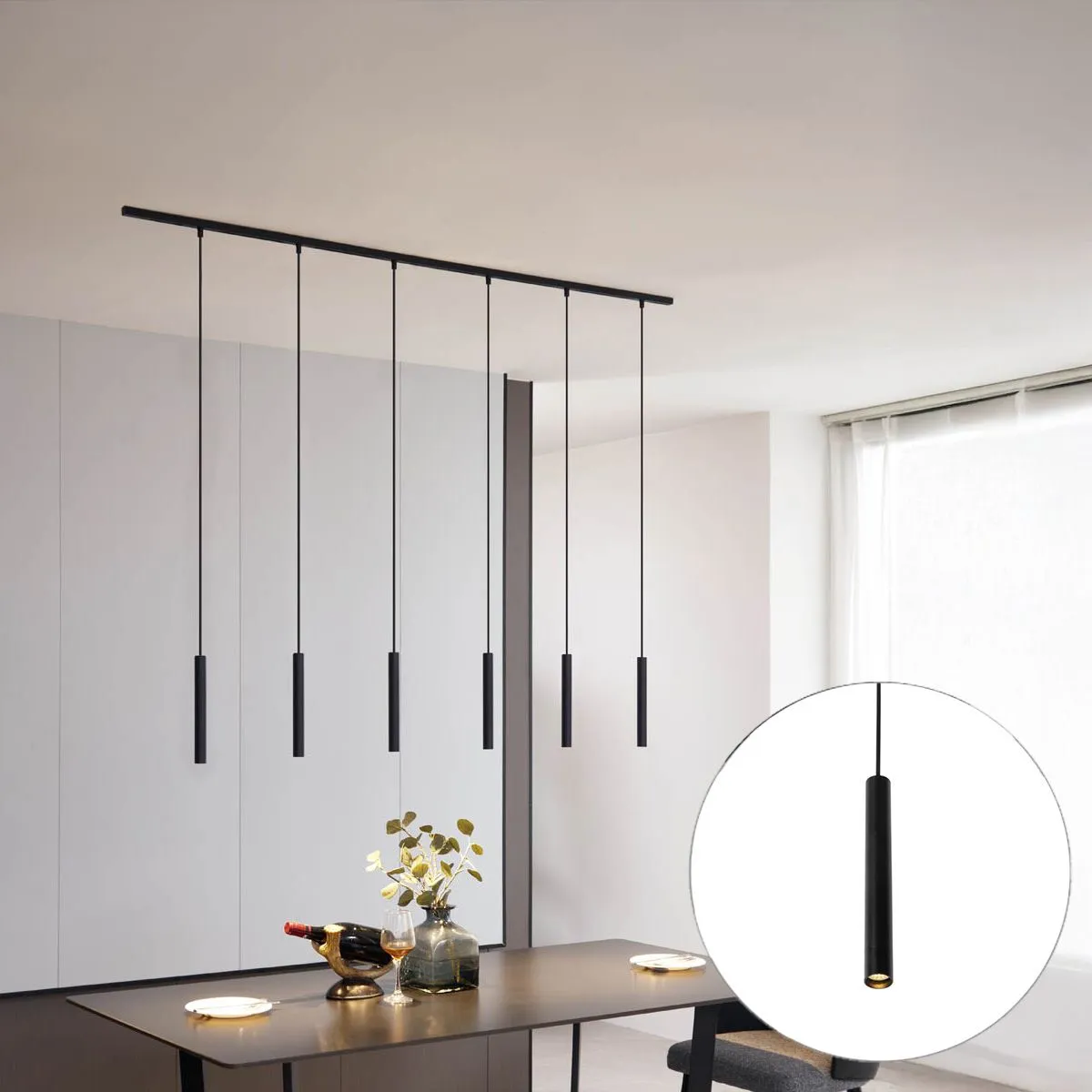 Système d'éclairage sur rail moderne avec 6 suspensions noires monophasé - Slimline Keno